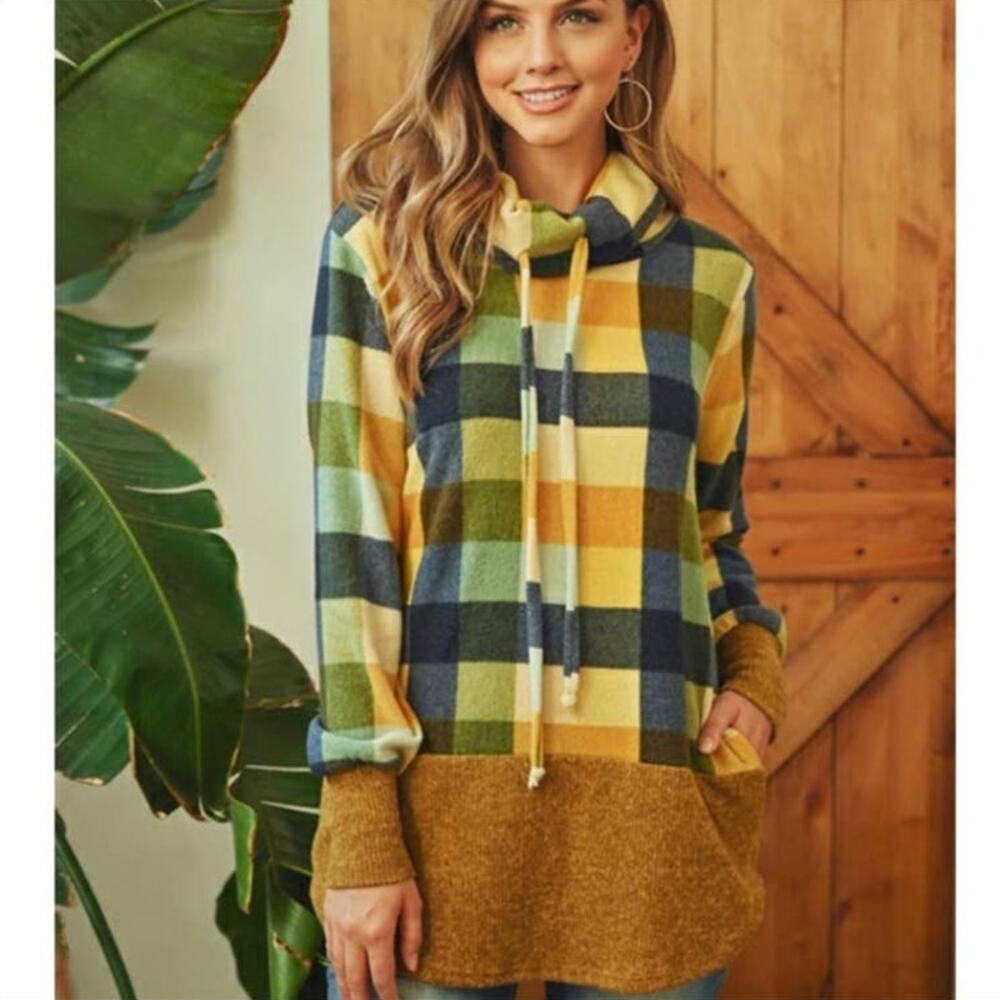 SALE Riah Fashion cowl neck soft knit tunic pocket sweater plaid
